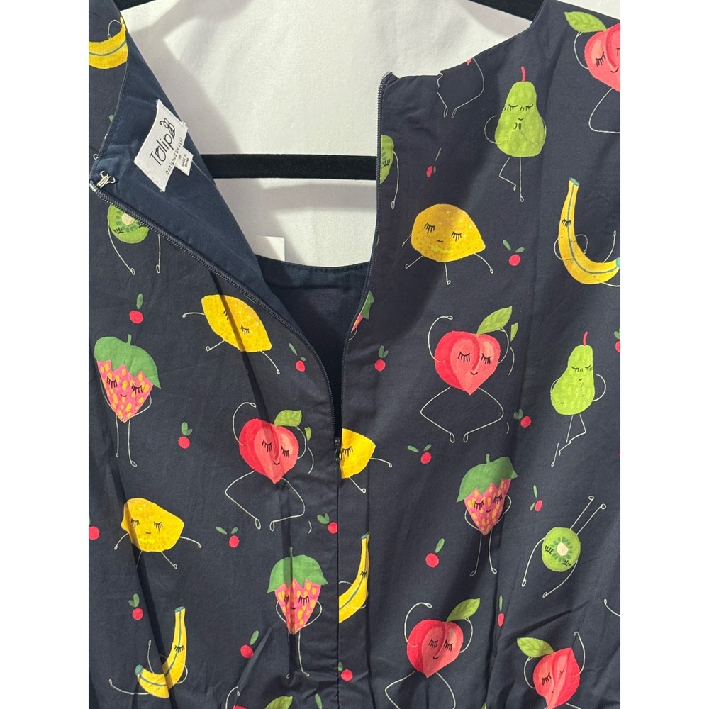 Tulip B Dancing Fruit Print Dress Womens Medium Navy Blue Novelty Fit Flare NWT - Picture 5 of 10